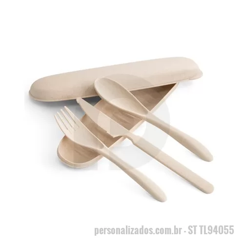 Talher personalizado - Brinde útil com área nobre de personalização os talheres personalizados são resistentes. Produto amigo do meio ambiente o conjunto é composto por estojo, colher, garfo e faca todos fabricados em material de fibra de bambu