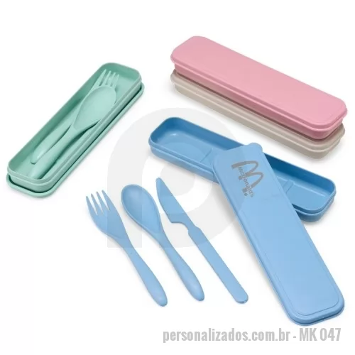 Talher personalizado - Kit para talheres confeccionado em palha de trigo com estojo. Disponível em diversas cores. Gravação da logo a laser no  estojo. Um produto sustentável e durável