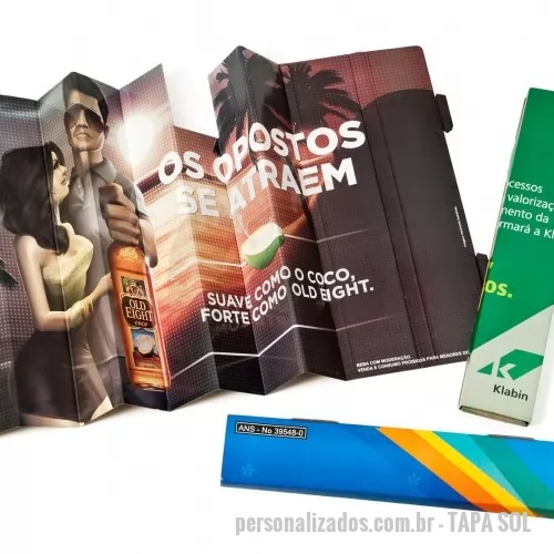Tapa sol personalizada - TAPA SOL Confeccionado cartão duplex 220grs, acoplado micro ondulado impressão offset com plastificação corte e vinco dobradura- Faca 117x62cm – Impressão ate 4x0 cores, verso pardo. 