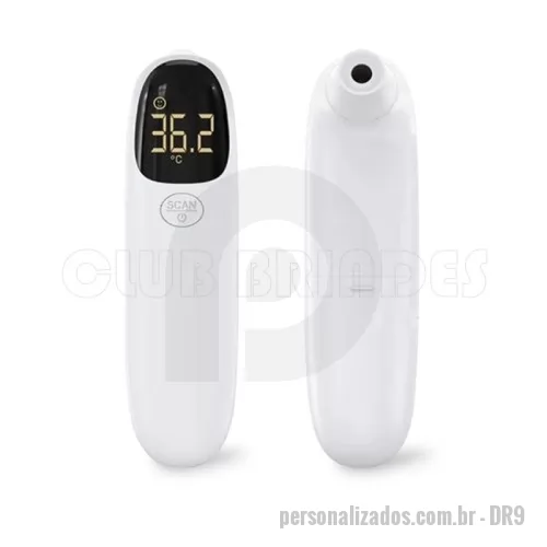 Termômetro Digital de Testa personalizado - Termômetro digital de testa com medição instantânea com distancia de 3 a 5 cm, visor de LCD. Gravação da logomarca em 1 cor já inclusa.  Tamanho Aprox: 13,9 x 3,8 x 3,9 cm Peso Aprox: 50,5 g