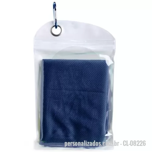 Toalha fitness personalizada - Toalha refrescante feita em elastano, ideal para aliviar o calor. Para ativar o resfriamento, basta molhar a toalha, torcê-la levemente e colocá-la no pescoço para aproveitar a sensação refrescante. Acompanha embalagem reutilizável em PVC com mosquetão para transporte.