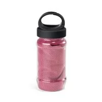 Conjunto com toalha (poliamida e poliéster, permanece fria quando molhada) e garrafa em PP/PET com mosquetão, capacidade até 440 mL.
