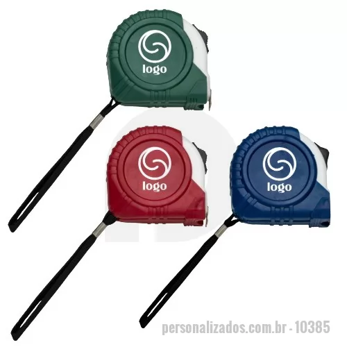 Trena personalizada - Trena de 3 metros colorida emborrachada com relevo e detalhe plástico branco. Possui trava, prendedor de metal em um dos lados e acompanha cordão de nylon.