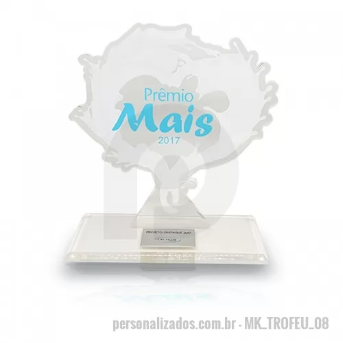 Troféu acrílico personalizado - Troféu acrílico cristal recorte especial, gravação impressão UV com plaquinha em alumínio com dados variáveis.