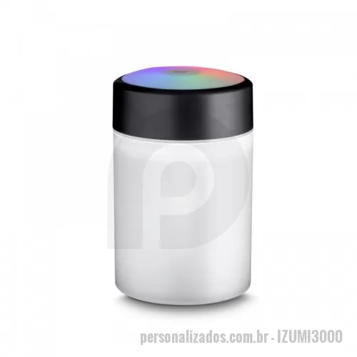 Umidificador de ar personalizado - Umidificador de ar com difusor de óleo essencial à base de água via USB. Feito com ABS reciclável+ PP, com capacidade de 300ml. Na parte da tampa sua luz pode ser acesa tendo a possibilidade de cor LED OU RGB, ideal para uso em escritório ou em casa, Acompanha cabo USB.