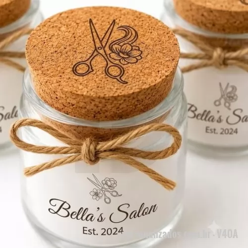 Vela ecológica personalizada - Vela aromatizada no frasco de vidro personalizado, com detalhe de rami e laço no topo, com tampa de cortiça com gravação laser