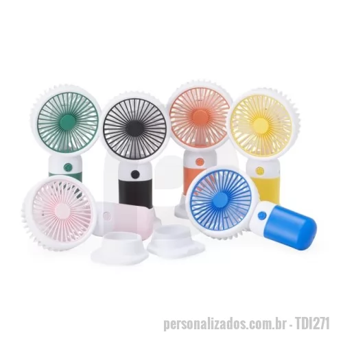 Ventilador portátil personalizado - Mini ventilador plástico recarregável com base removível e botão de acionamento. Acompanha cabo usb.