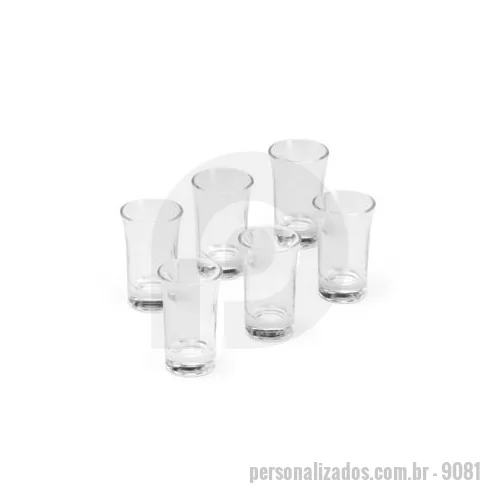 Vidro personalizado - Kit com seis copos de vidro com capacidade máxima de 50 ml cada. Altura : 7,3 cm Largura : 4,4 cm Circunferência : 13 cm Peso aproximado g : 521