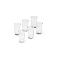Kit com seis copos de vidro com capacidade máxima de 50 ml cada. Altura : 7,3 cm Largura : 4,4 cm Circunferência : 13 cm Peso aproximado g : 521