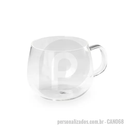 Xícara personalizada - Xícara produzida em vidro borossilicato transparente, com capacidade de 350ml e formato arredondado que valoriza a apresentação da bebida. O material oferece leveza visual e permite acompanhar cores, texturas e infusões durante o consumo, tornando ca