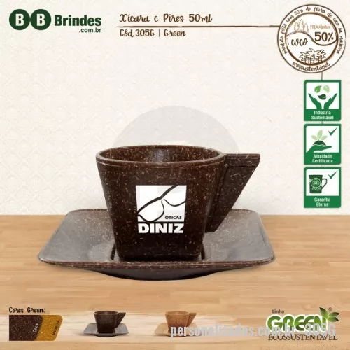 Xícara personalizada - Xícara com Pires feita com 50% de Fibra de Coco ou Fibra de Madeira de reflorestamento. Design exclusivo do Grupo BB, esse produto é uma novidade no mercado de brinde em plástico. É resistente a microondas e a máquina de lavar.   Produto premiado 2 v